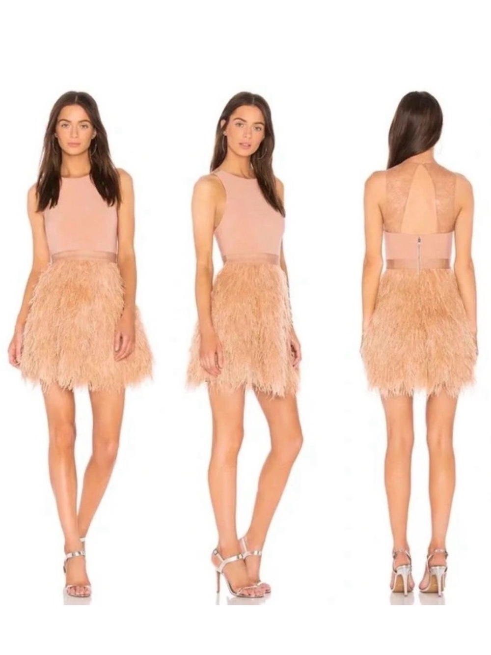 NWOT Alice + Olivia Philomena Beige Ostrich Feather Mini Dress Size 0